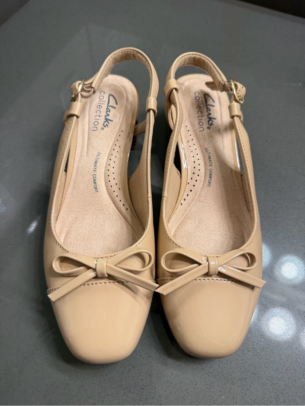 Clarks Beige Patent Slingback Bow Flats